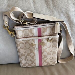 Coach Beige Canvas Crossbody with Pink and White Stripe